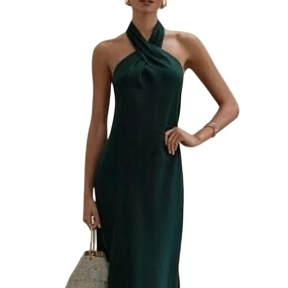 BHLDN Ruby Twist Halter Satin Dark Gown in Green Size 2 New w/o Tag MSRP $248 - Picture 4 of 10